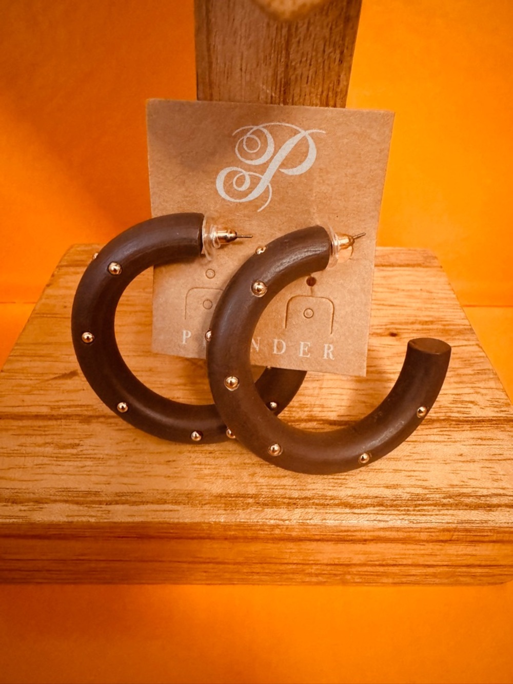Plunder Shania wood hoop earrings brown gold tone bead accents new in package